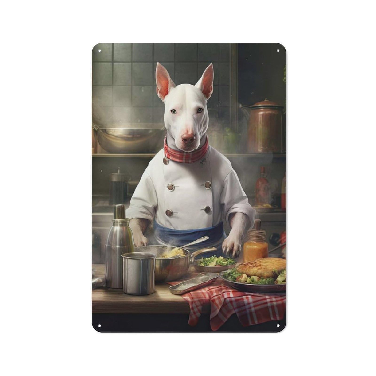 Junmoney English Bull Terrier Chef Metal Wall Sign 30X20cm Featuring For Pub Or Café, For Pub Decor Enthusiasts, For Retro Home Interiors
