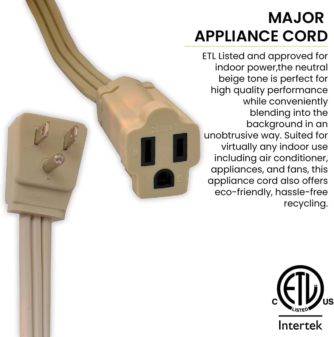 Go Green Power Inc. 12ft Appliance Cord, Beige - 14/3 SPT, Heavy Duty, Grounded Plug, Kink-Free, Ideal for Large Indoor Appliances