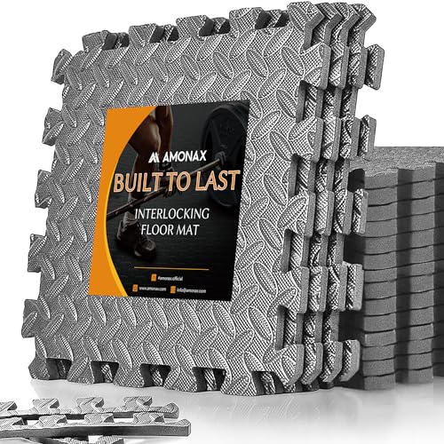 Amonax Gym Flooring Mats, Eva Foam Exercise Mat, 60cm X 60cm Large Interlocking Floor Mats, Thick Heavy Duty Garage Floor Tiles Exercise Equipment Mat, Puzzle Floor Mats (Grey I 12 Tiles (48 Sq Ft))