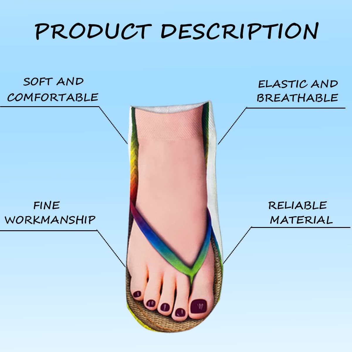 6 Pairs Flip Flop Socks,3d Flip Flops Socks for Womens Casual Flip Flops Print Sock Personalized 3D Fun Sock Nail Print Short Stockings