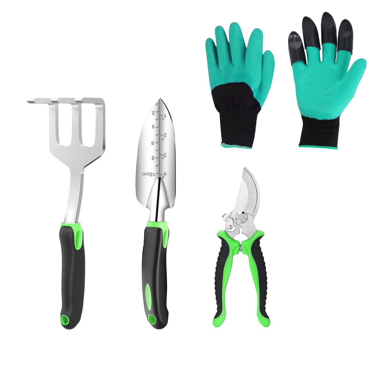 CHINMIN 4 Gardening Tool Set, Ergonomic Soft Rubber Non-Slip Tools and Gardening Gloves, Heavy Duty Aluminum Gardening Set, Gardening Gifts For Weeding Loosening Soil Digging Transplanting
