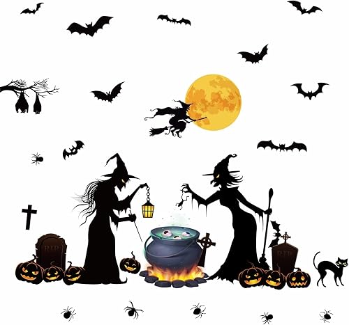 Miniatura 8 de Calcomanías de pared de Halloween, brujas, murciélagos, calabaza, luna, calcomanías de pared para dormitorio de niños, sala de estar, despegar y