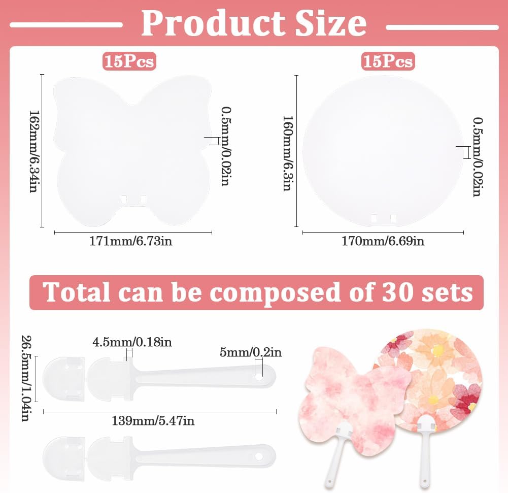 30Pcs Blank Paper Hand Fans Church Fan Handheld Round Butterfly Shape Double Sided Drawing White Cardstock Plastic Hand Held Blank fan for Painting Crafting DIY Wedding Party Decorative Favor