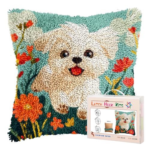 DIY Latch Hook Pillow Kits for Adults Happy Maltese Dog Running in Flowers Printed Pillowcase Crochet Yarns Hooking Handmade Pillow Cover Cushion for Home Sofa Decor 17x17inch(3)