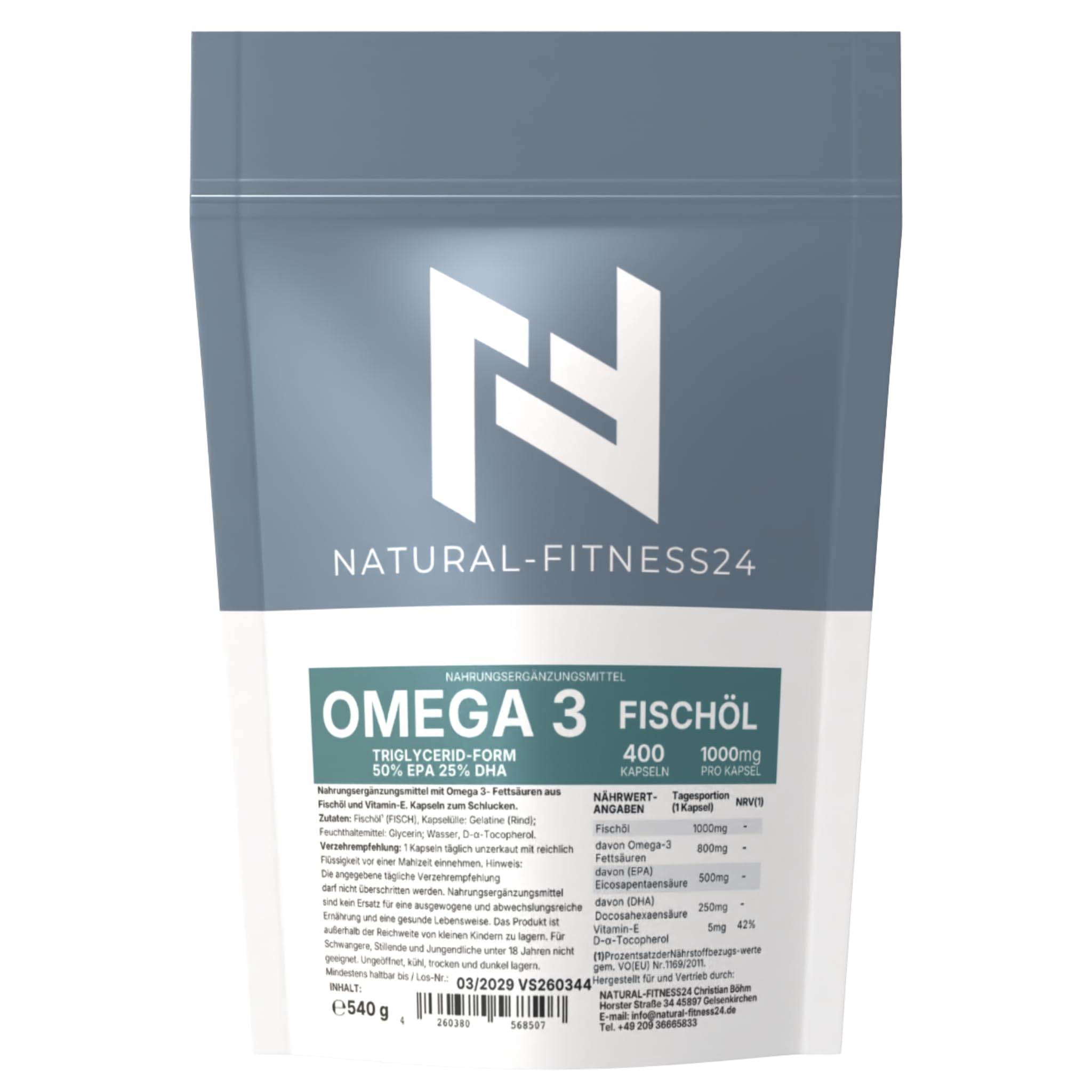 Omega 3 Fischöl Kapseln 400 Stück – 1000mg TG-Form 500mg EPA 250mg DHA | NF24