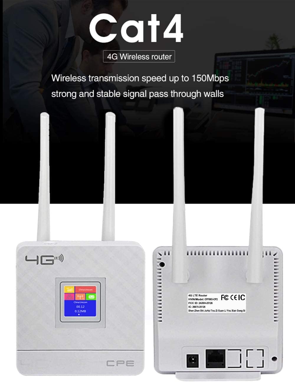 Front and back view of the KuWFi 4G LTE router, highlighting its Cat4 capability and wireless transmission speed.