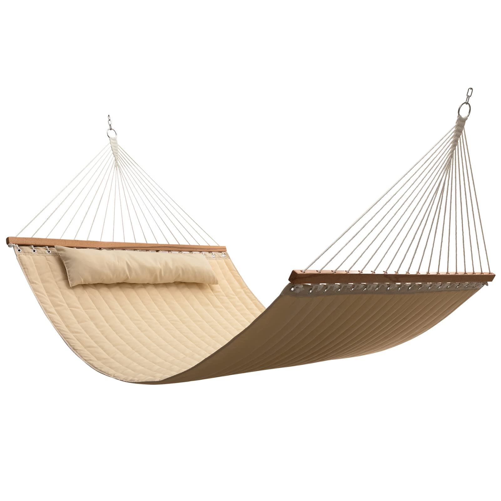 2-Person Quilted Fabric Hammock with Suspenders and Removable Pillows, Outdoor Patio and Terrace, Beige