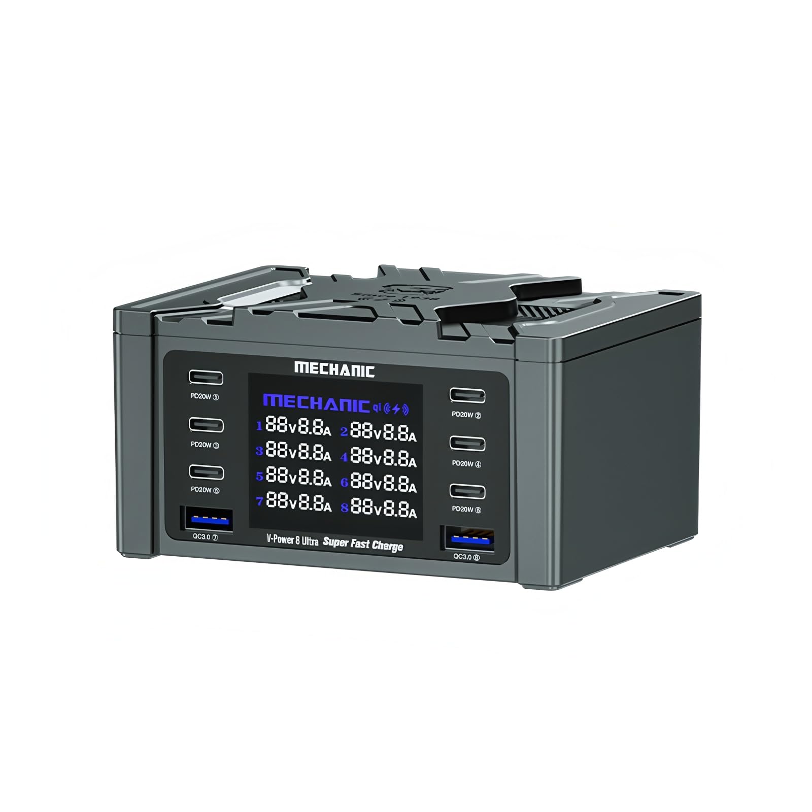 Cargador súper rápido MECHANIC V-Power 8Ultra de 8 puertos con monitor digital de corriente