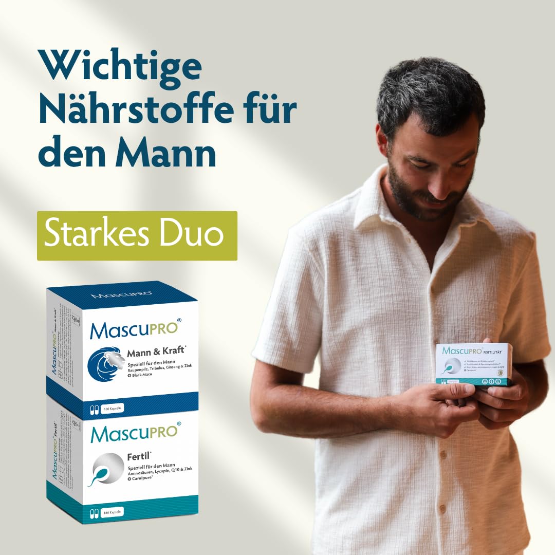 MascuPRO Fertil | 18 Inhaltsstoffe | 3 Monatspackung | Zink, Selen, Q10, Aminosäuren & Lycopin | vegan