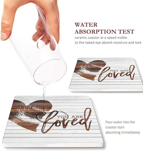 Miniatura 3 de Britimes Juego de 6 posavasos para bebidas, tapete cuadrado absorbente de madera desgastada, con base de corcho y soporte de metal, regalo para