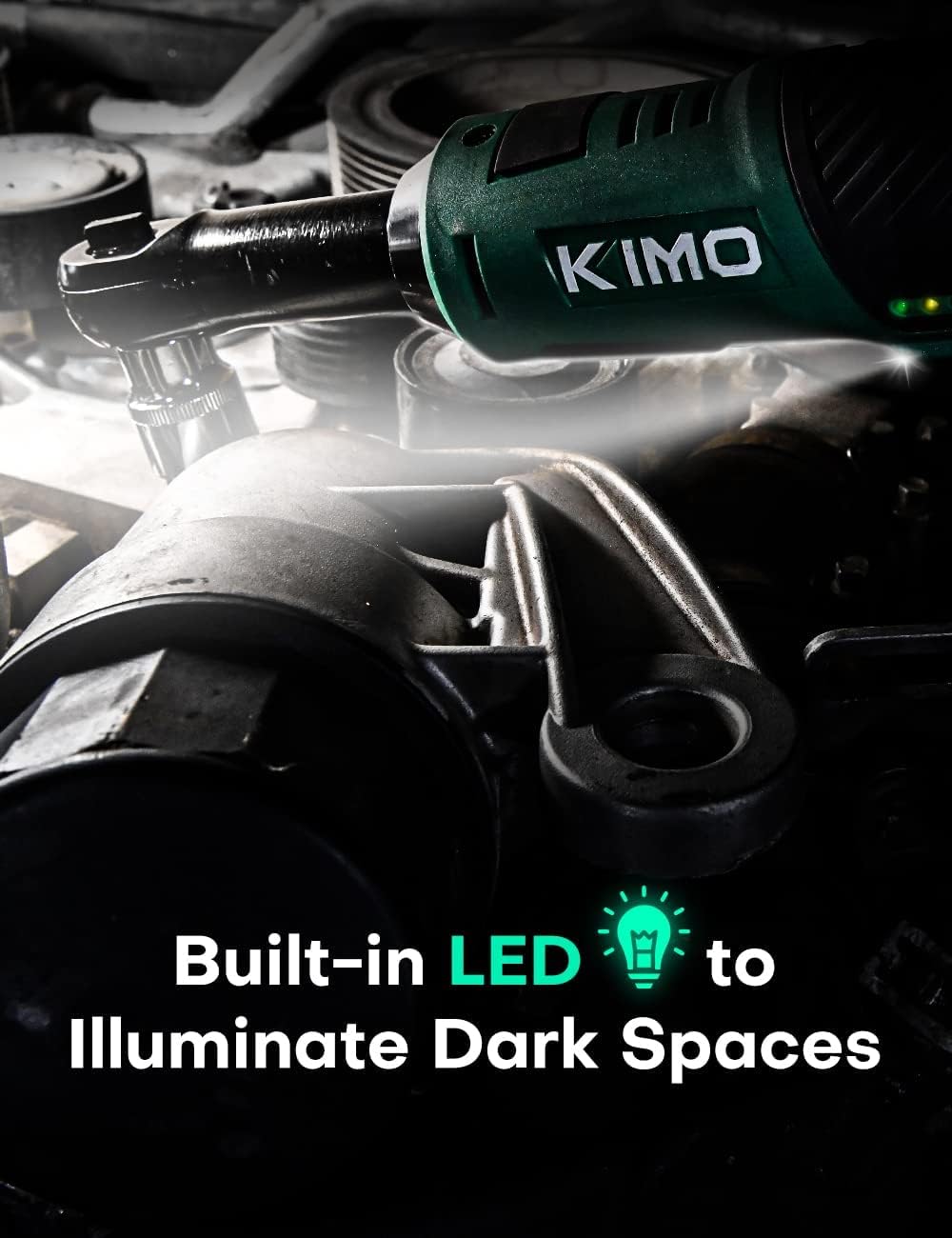 KIMO 3/8" Extended Electric Ratchet Wrench Set, 40 Ft-Lbs 400 Rpm 12V Cordless Wrench w/ 2-Pack 2.0 Ah Batteries, 1 Hour Fast Charger & 8 Sockets, Power Ratchet w/Variable Speed & LED Light 3302L