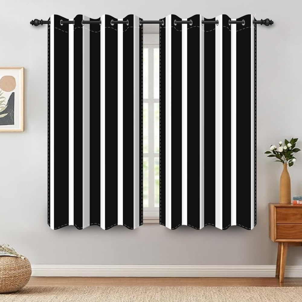 Striped Window Curtains Black and White Vertical Stripe Blackout Curtain Panels Modern Art Window Drapes with Grommets for Bedroom Living Room Kitchen Home Decor 2 Panel Set,52x63inch