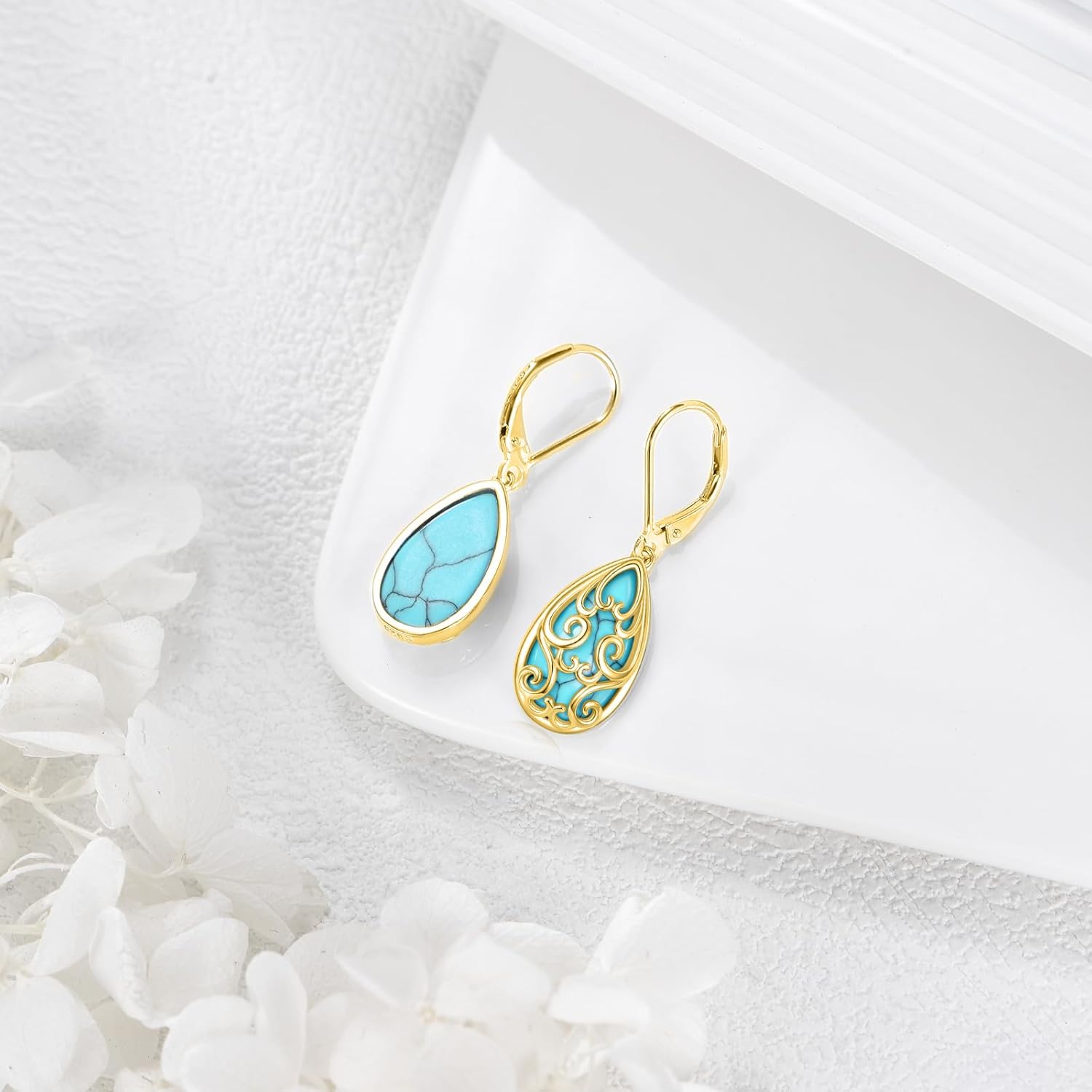 YFN 14K Gold Filigree Earrings 14k Yellow Gold Turquoise Filigree Teardrop Dangle Earrings for Women Jewelry - Image 5