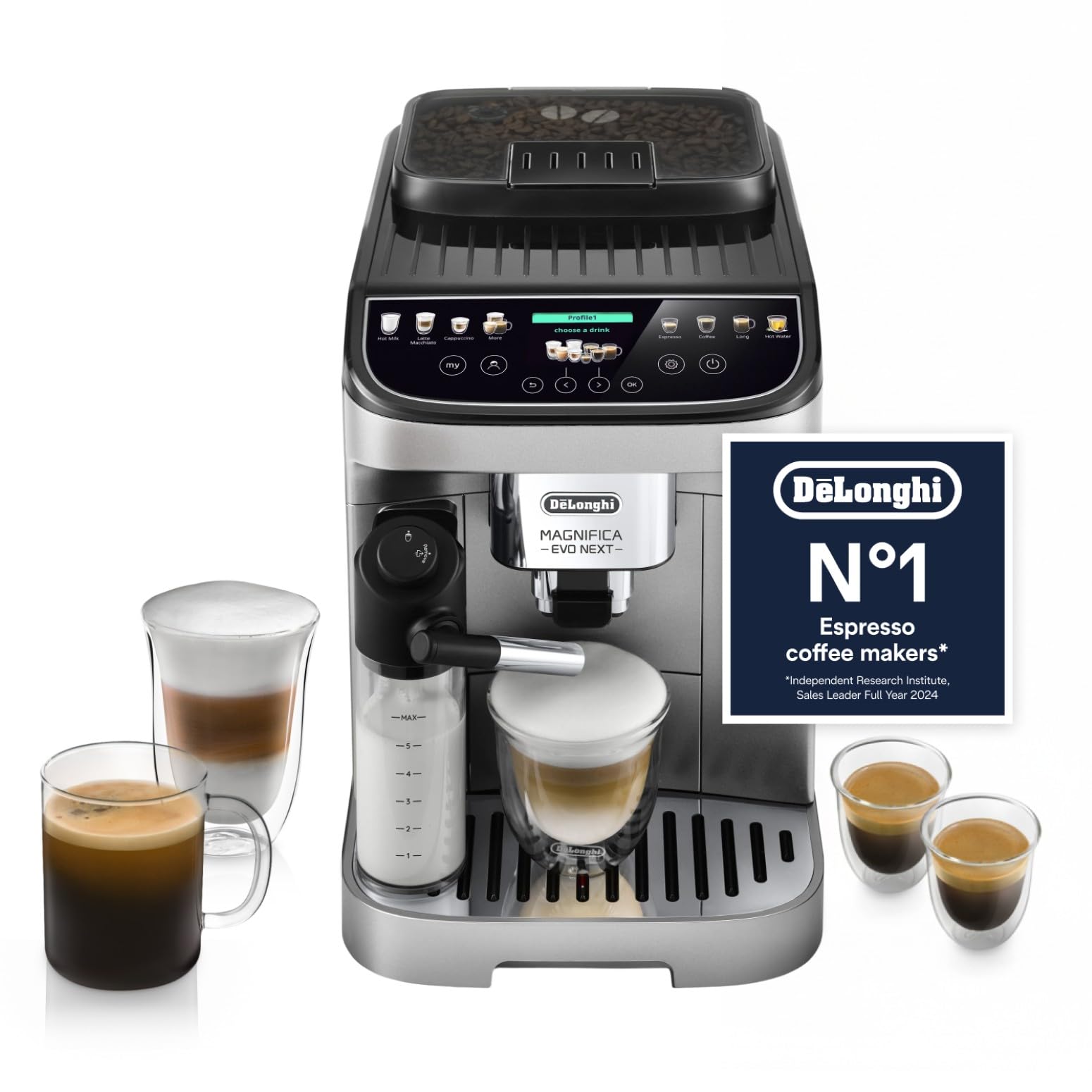 De’Longhi Magnifica Evo Next - Perfetto Automatic Coffee Machine with LatteCrema Automatic Milk Frothing, 13 One-Touch Drinks, Colour Touch Display, Silver Black (ECAM310.80.SB)