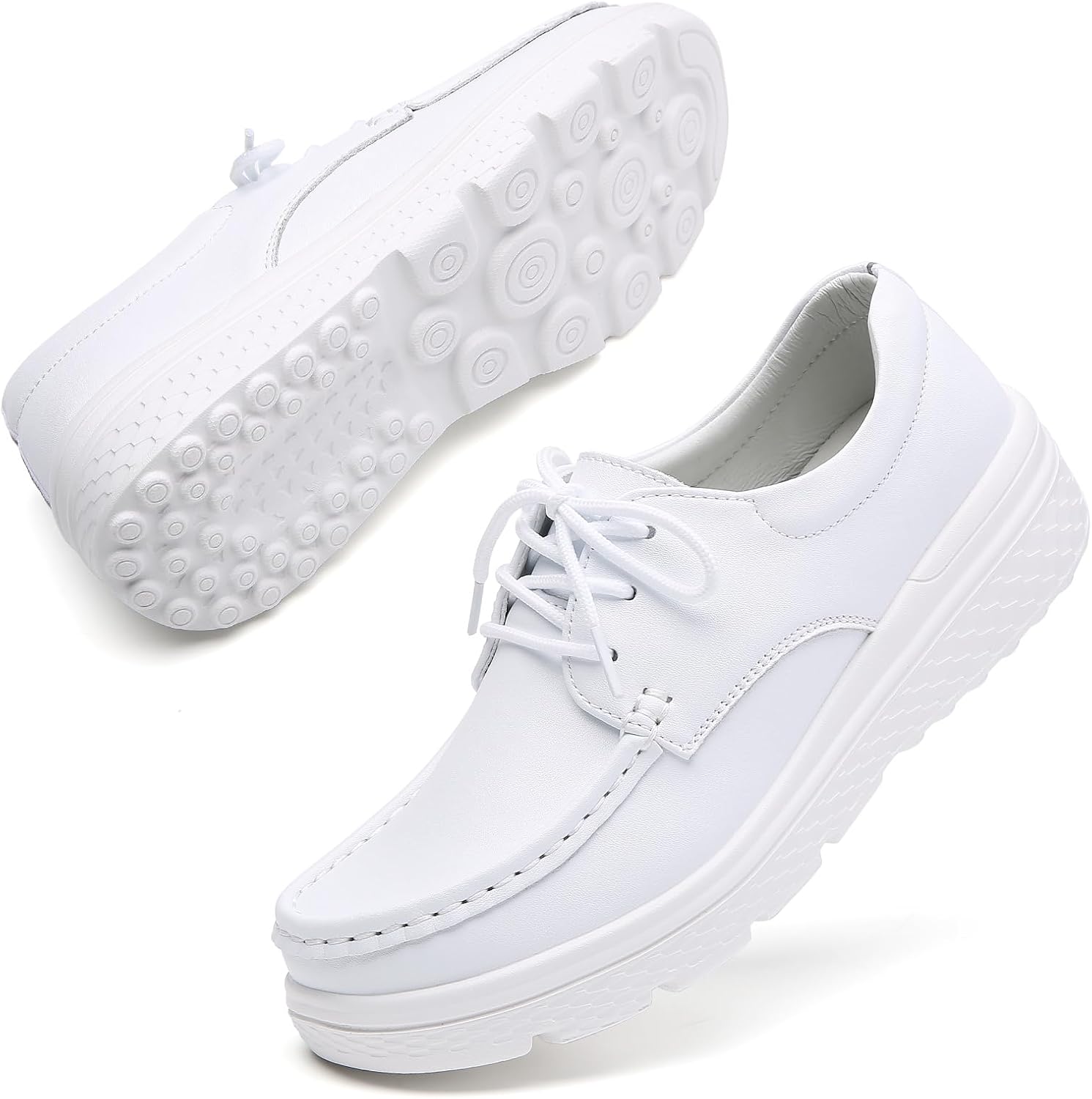 OVPMKC Women's Lightweight Nursing Shoes Slip Resistant Lace Up Work Restaurant Shoes Comfortable Leather Loafers White 41