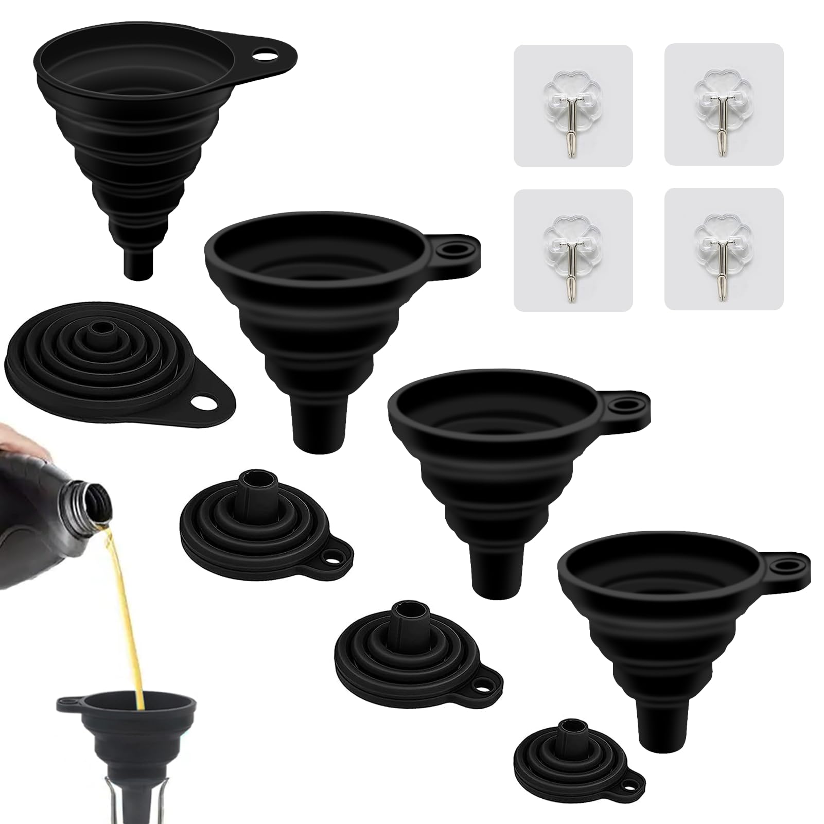 Embudo Plegable de 4 Tamaños, Embudo Cocina, Embudo Pequeño Embudo Grande, Embudo de Silicona para Cocina, Mini Embudo Plegable para Transferencia de Líquidos de Cerveza (S/M/L/XL)