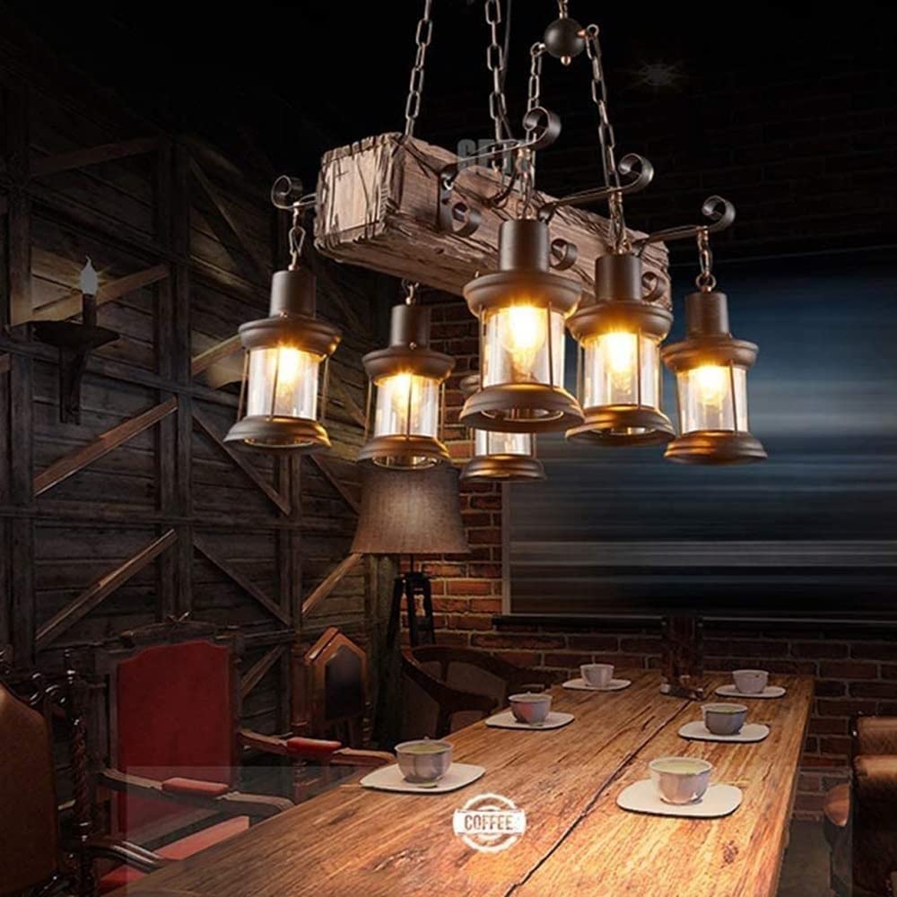 Lampa wisząca z drewna i szkła z 6 światłami