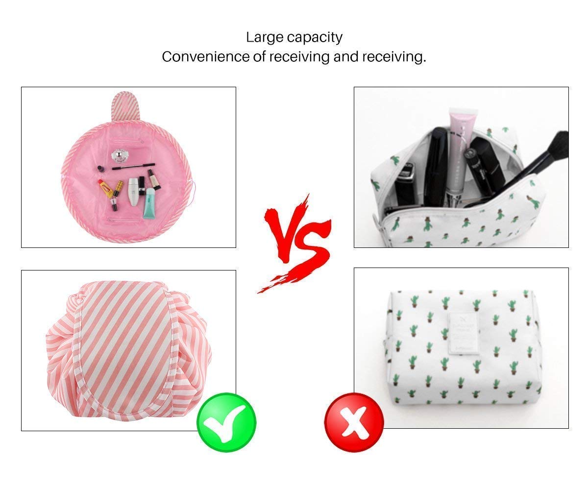 RRJ Women's Convenient and Waterproof Multifunction Portable Lazy Travel Cosmetic Storage Makeup Organizer Toiletry Bag with Drawstrings (Pink lining) 2