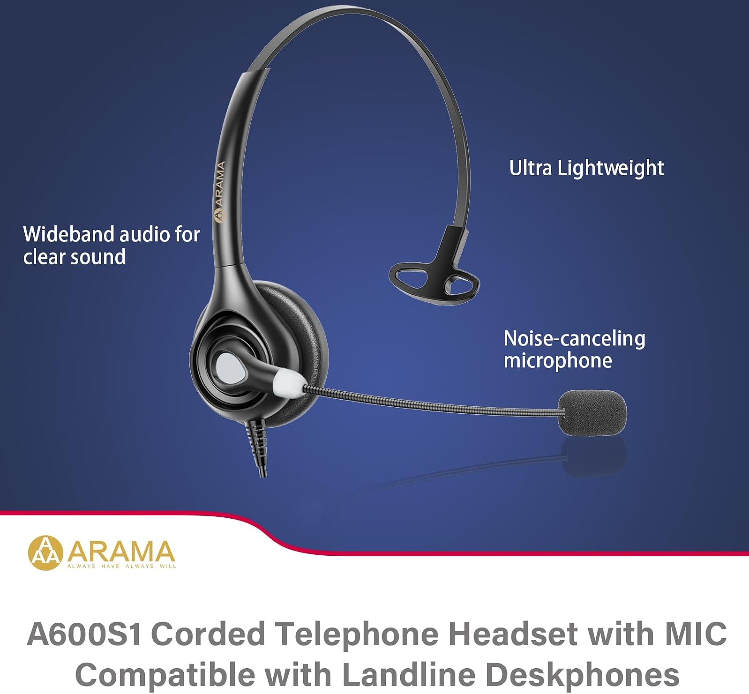 Arama Corded Telephone Headset Mono w/Noise Canceling Mic, RJ9 Headset Compatible with Polycom Toshiba Avaya NEC ShoreTel Plantronics Zultys Aspire Dterm Nortel Norstar Landline Deskphones (A600S1)