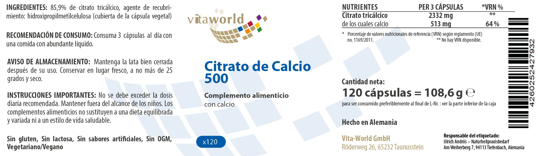 Pack de 3 Citrato de Calcio 500mg 3 x 120 Cápsulas Vegetales Vita World Farmacia Alemania