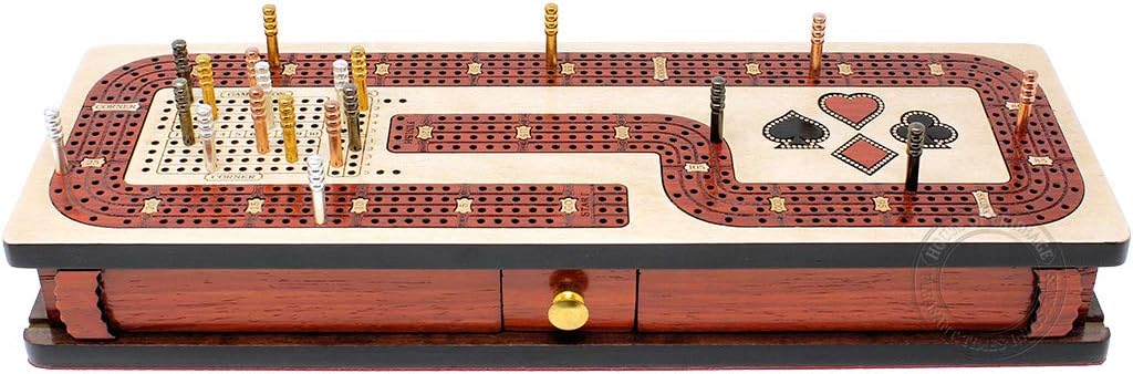 House of Cribbage - Continuous Cribbage Board/Box Inlaid in Maple/Blood Wood: 4 Track - Cards and Pegs Storage Drawer with Score Marking Fields for Skunks, Corners and Won Games