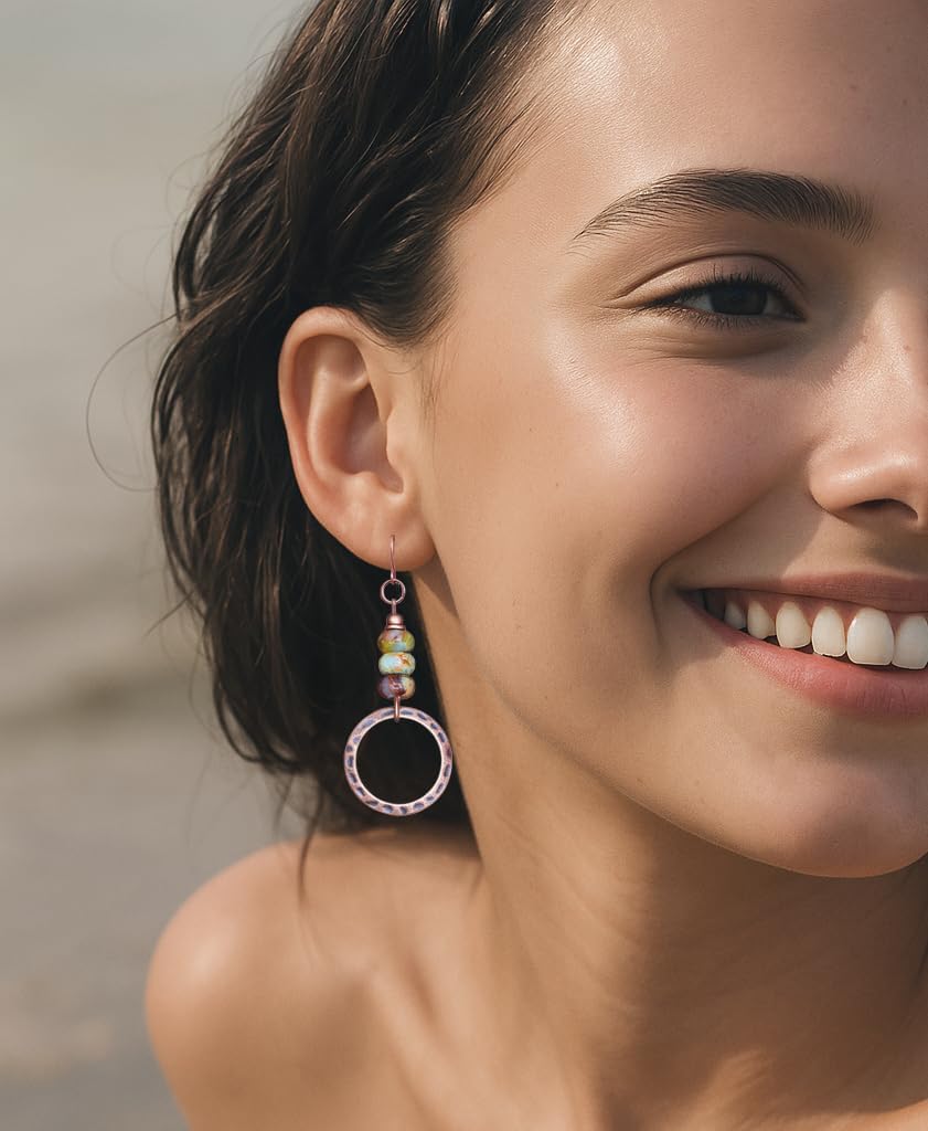 Vintage Boho Earrings for Women Bohemian Beaded Gemstone Dangle Earrings Handmade Hammered Circle Drop Dangles - Image 6