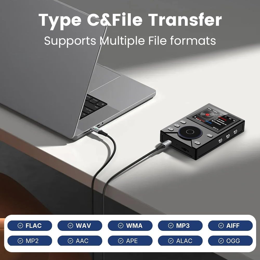 Lettore musicale HiFi Lossless MP3 con DSD256, BT 5.0, riproduzione 50H, LCD da 2,4 pollici, corpo in lega di alluminio CNC, uscita 3,5 mm, supporta scheda TF da 256 GB per viaggi e pendolari
