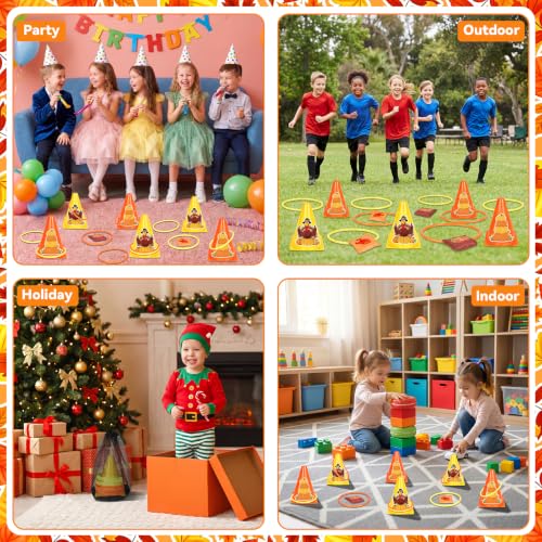 Image of Fennoral 4 in 1Thanksgiving Carnival Game Set for Kids | Turkey Ring Toss & Bean Bag Toss Game with 3-Legged Race Bands,Fall Harvest Indoor Outdoor Backyard Party Family Activities