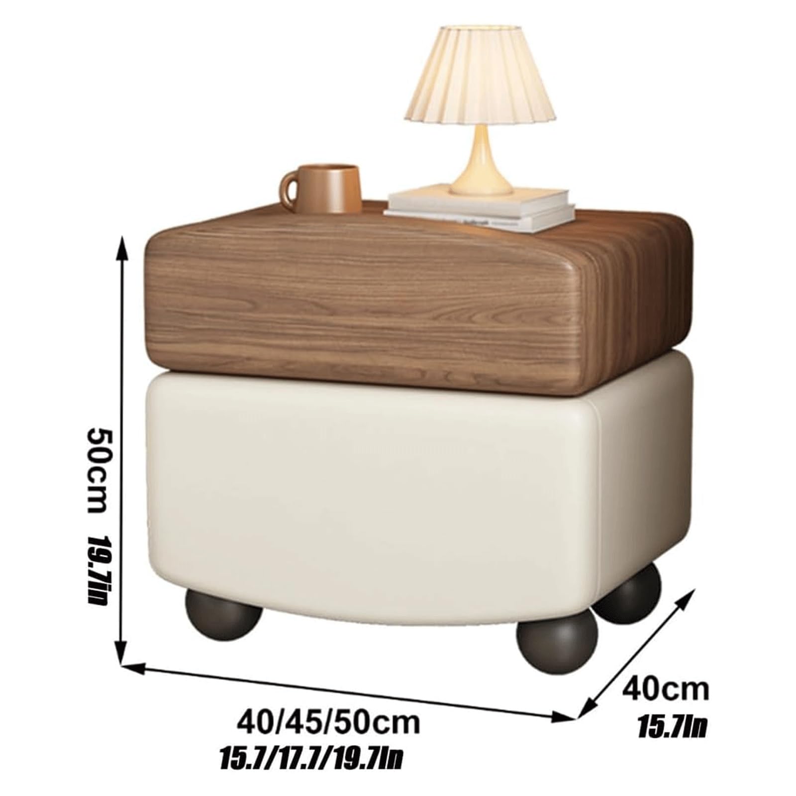 Lekkie szafki nocne Szafka nocna z litego drewna z 2 szufladami, stolik nocny, mały, skórzany, boczny stolik bez obramowania, czarny, 50 cm