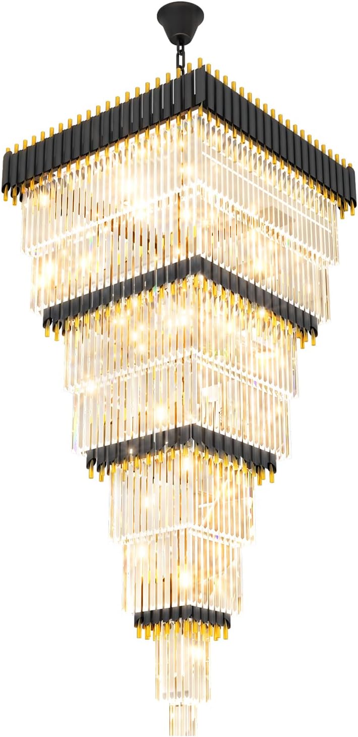 W32in x H94.5in Large Black Gold Crystal Chandelier,Square Crystal Raindrop Chandelier High Ceiling Pendant Light for Entrance Villa Foyer Ceiling Lighting Fixtures