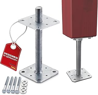 SOTECH Pfostenträger 110 x 110 x 250 mm Gewinde M24 Stahl feuerverzinkt Pfostenfuß höhenverstellbar Stützträger zum aufschrauben Witterungsbeständig