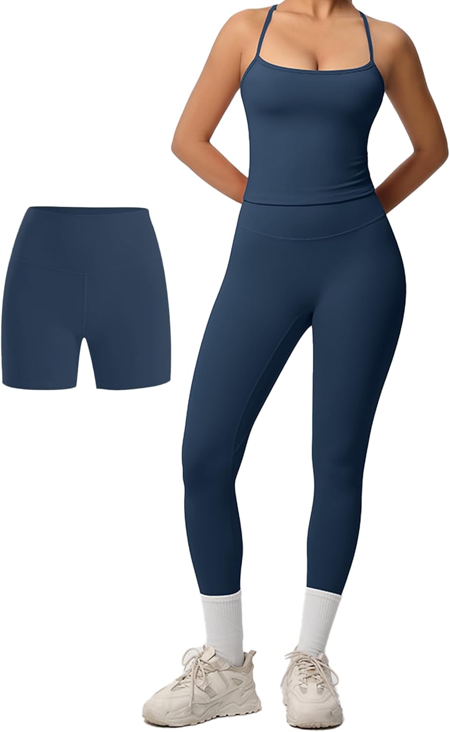 Women 3 Piece Workout Sets Padded Tank Top Sports Bra Matching High Waist Biker Shorts & Gym Yoga Leggings
