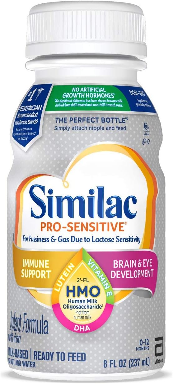 Similac Pro-Sensitive Infant Formula with Iron for Lactose Sensitivity, 6 Count, with 2’-FL HMO for Immune Support, Non-GMO, Ready-to-Feed Baby Formula, 8 fl oz Bottles