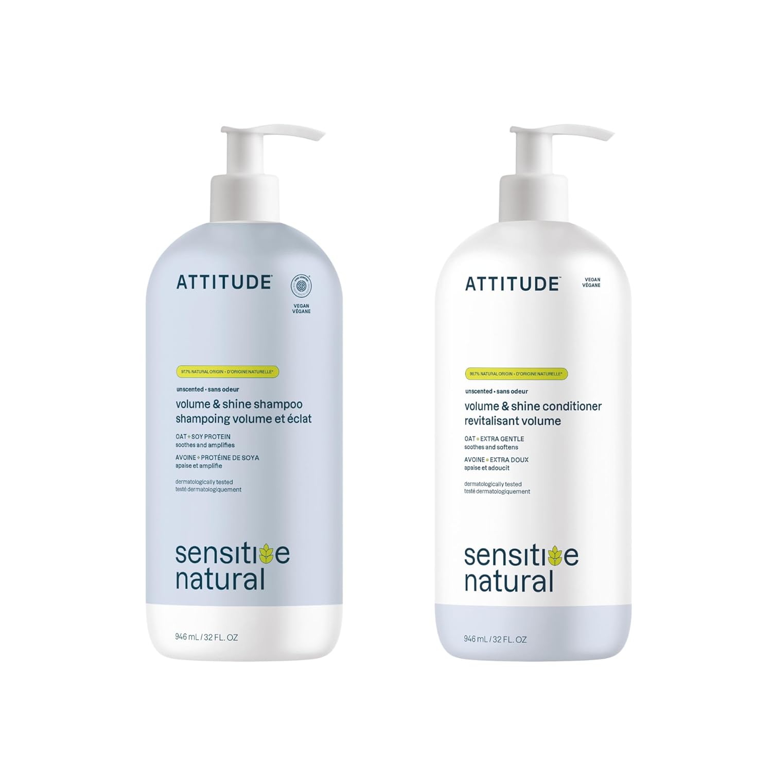 Bundle of ATTITUDE Extra Gentle and Volumizing Shampoo and Conditioner for Sensitive Skin Enriched with Oat, EWG Verified, Hypoallergenic, Vegan and Cruelty-free, Unscented, 32 Fl Oz