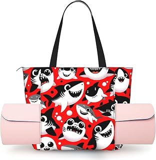 Women Cute-Cartoon-Shark Yoga Mat Bag Gym Tote | Zippered Main Compartment, Inner Pocket, Front Mat Holder, Lightweight Carry, Good For Yoga Sport