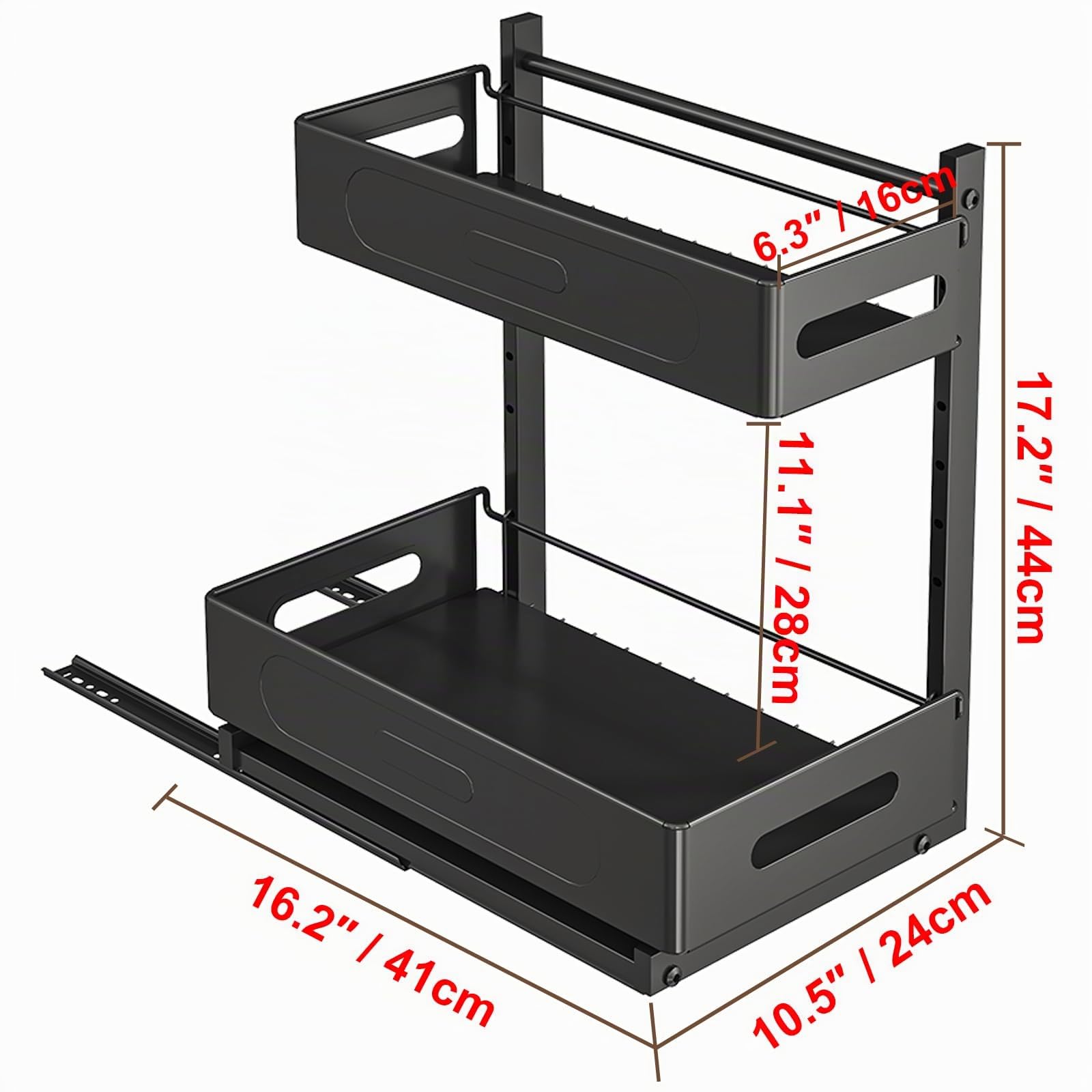 2 Etagen Spülschrank Organizer Ausziehbar aus Metall, Unterschrank Organizer küchenschrank mit 4 Haken, Küchenregal Gewürzregal für Küche & Badezimmer (Schwarz)