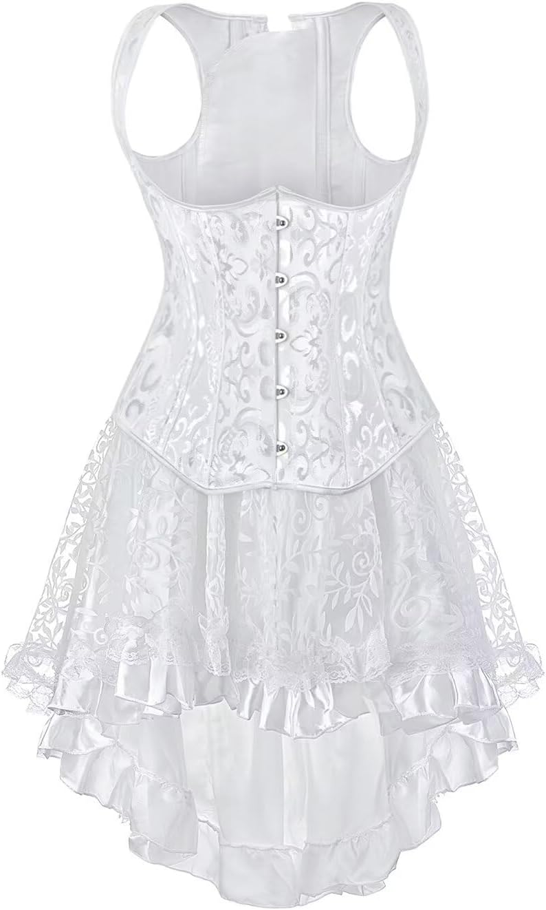 Jutrisujo Corset Dress Top Skirt Set Plus Size Bustier Outfit Lingerie Lace up Gothic Medieval Women Bride Wedding