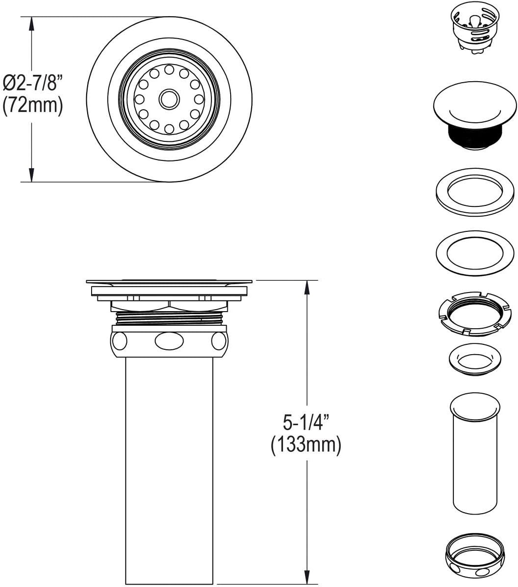 Elkay LK58 2" Drain Fitting with Type 304 Stainless Steel Body, Stainless Steel Strainer Basket, and Rubber Seal