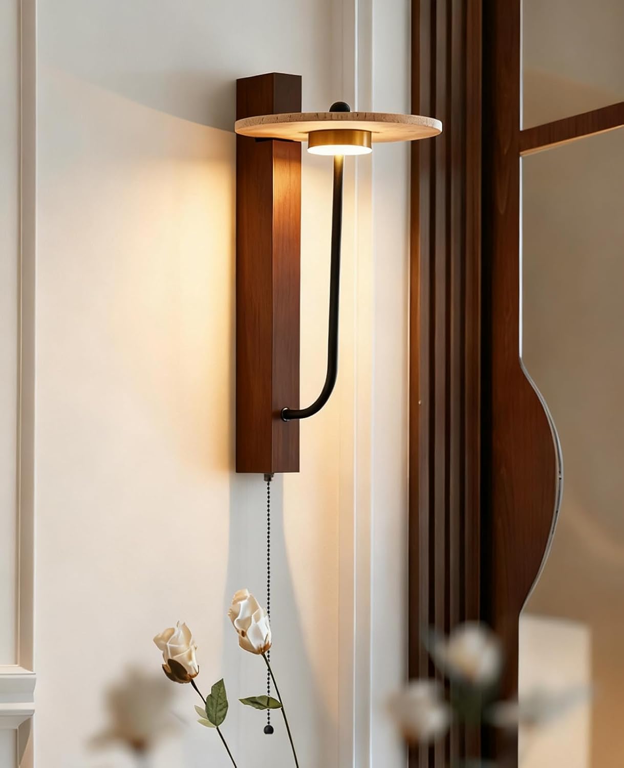 Yellow Travertine Wall Sconce, 15.7" Japanese Vintage Wabi Sabi Light Fixture with Natural Stone Lampshade Pull Cord Switch Wood Base, Art Deco Wall Sconces for Bedside Bedroom Kitchen Island