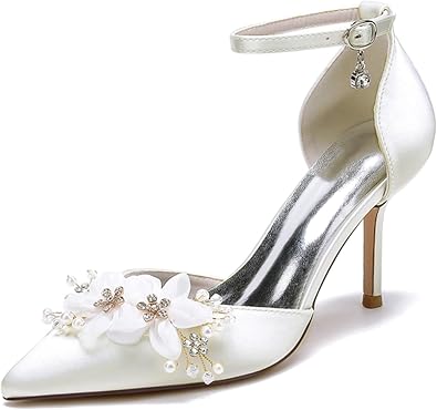 Womens Comfortable Wedding Shoes with Flower Pointed Toe Formal Party Pumps