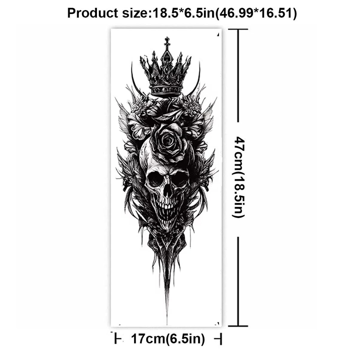 Skull Black Crown Rose Temporary Tattoos Sleeve For Adult, Full Arm Large Realistic Fake Sleeve Tattoo Stickers For Women and Men Watercolor Boys Girls Leg Body Art 1