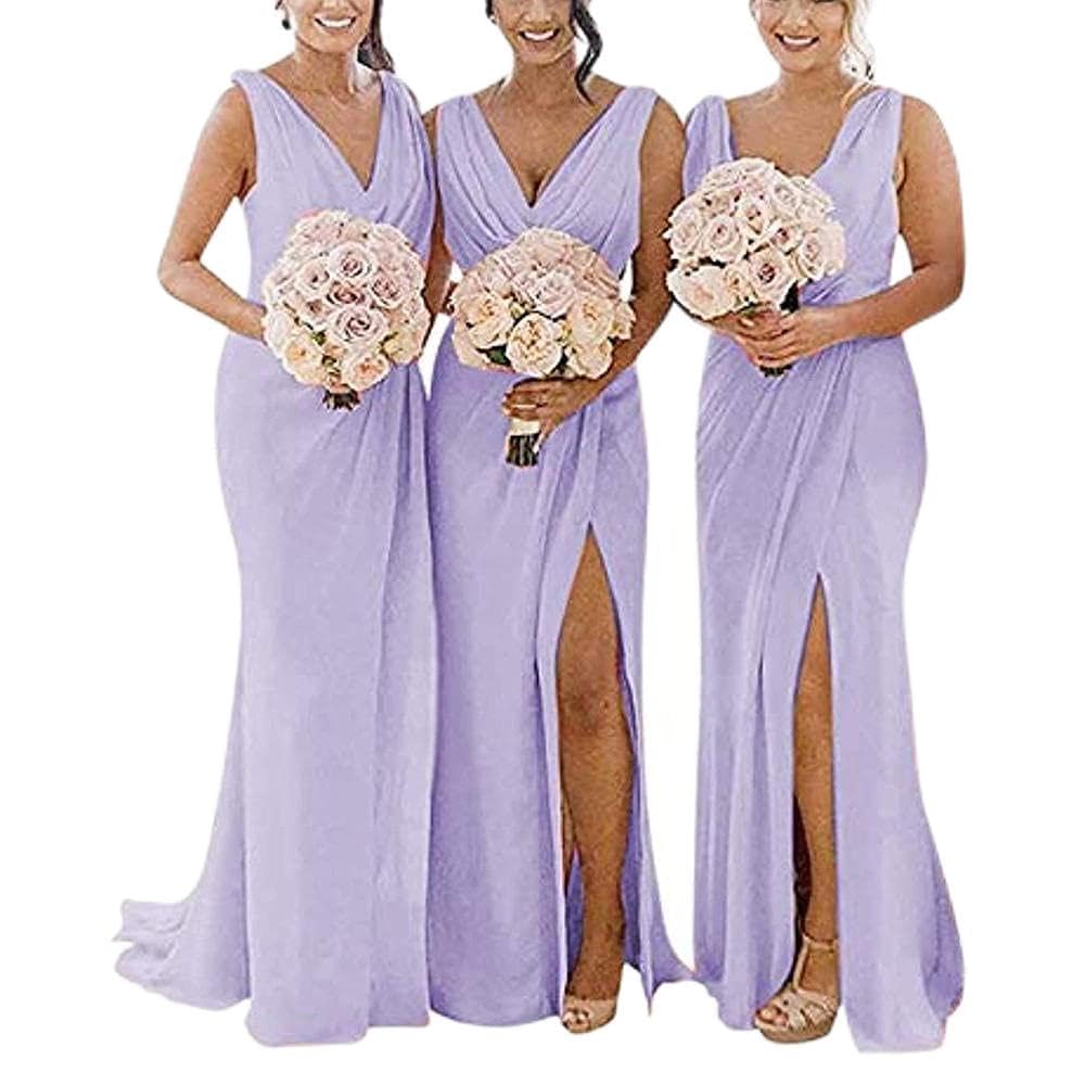 yhfshopyhfshop Floor Length Bridesmaid Dresses,Double shoulder V-neck chiffon slit evening gown-Lilac_52,Bridesmaid Party Long Dress