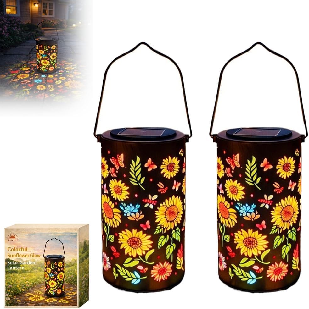 Colorful Sunflower Glow Solar Garden Lantern Hanging Waterproof Metal Lights with Floral LED Projection for Yard Patio Porch Outdoor Decoration Perfect Gift for Women Mom Grandma(2PCS)