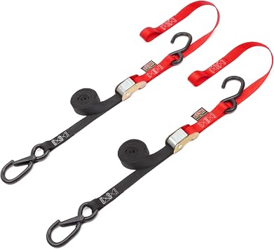 Powertye 1in x 6ft Cam Buckle Soft-Tye Tie-Downs w/ 1 Latch Hook & S-Hook - 400 lb. WLL / 1,200 lb. Breaking Strength - Made in USA - Black/Red Pair