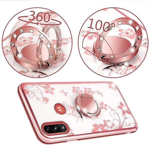 Miniatura 2 de Para Moto E7 2020 caso,E2020 caso lindo anillo soporte con chispeante perla cubierta para niñas y mujeres con diamante giratorio soporte plateado