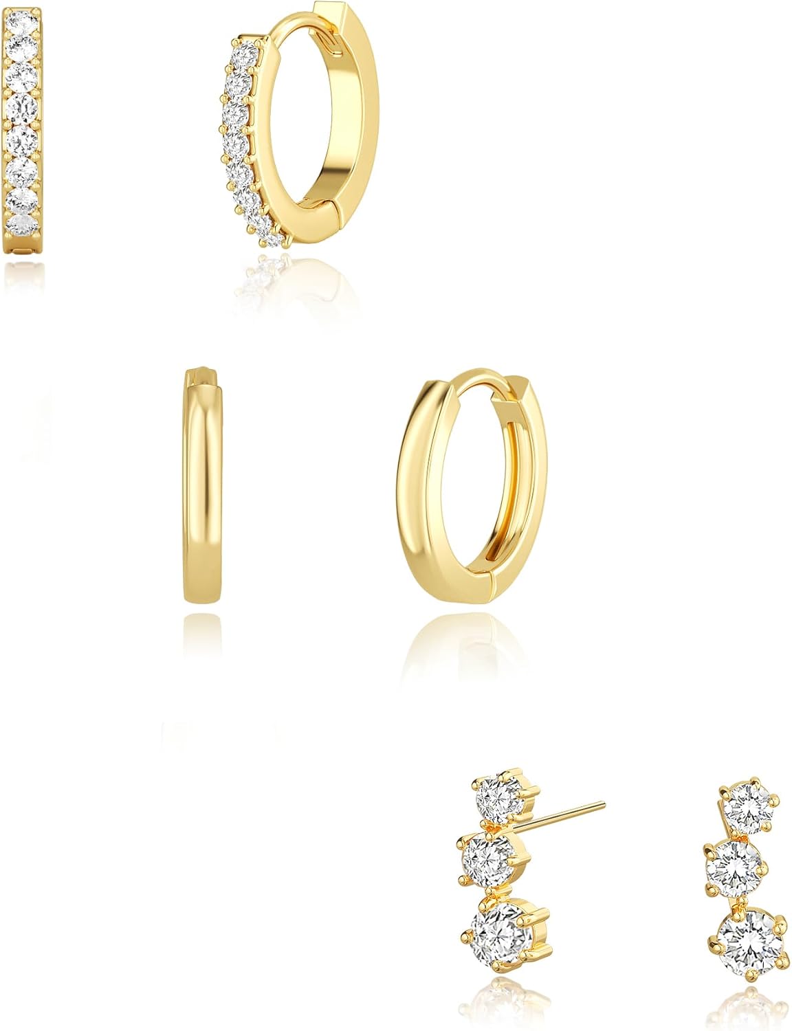 Risamil 14K Gold Plated 3 Pairs Earrings for Women Dainty Small Hoop Set Cute Cz Stud Huggie Flat Back Trendy Cartilage Earring Jewelry Gift - Image 9