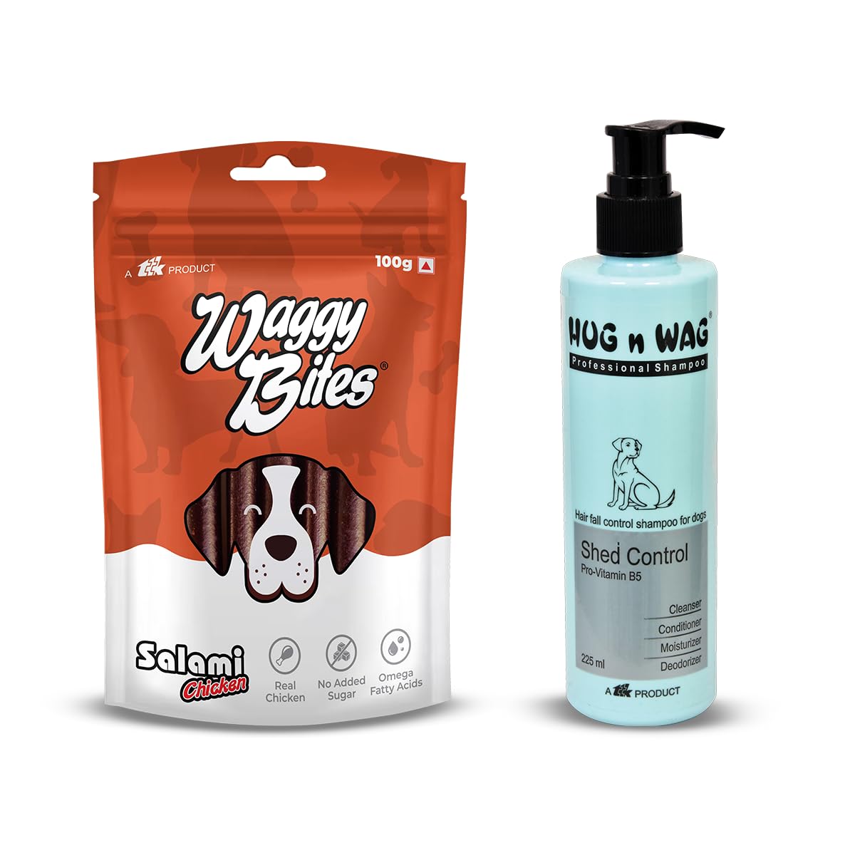 Combo of Shed Control Pet Shampoo- 225 ml and Waggy Bites - Economy - Salami (Chicken)- Pet Treats 100g