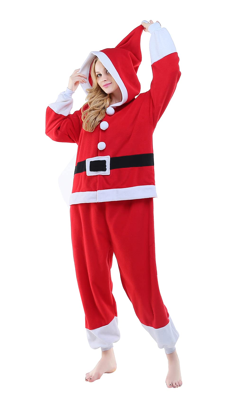 NEWCOSPLAY Unisex Adult Santa Claus Onesie Plush One Piece Pajamas Christmas Costume(Medium, Santa Claus)