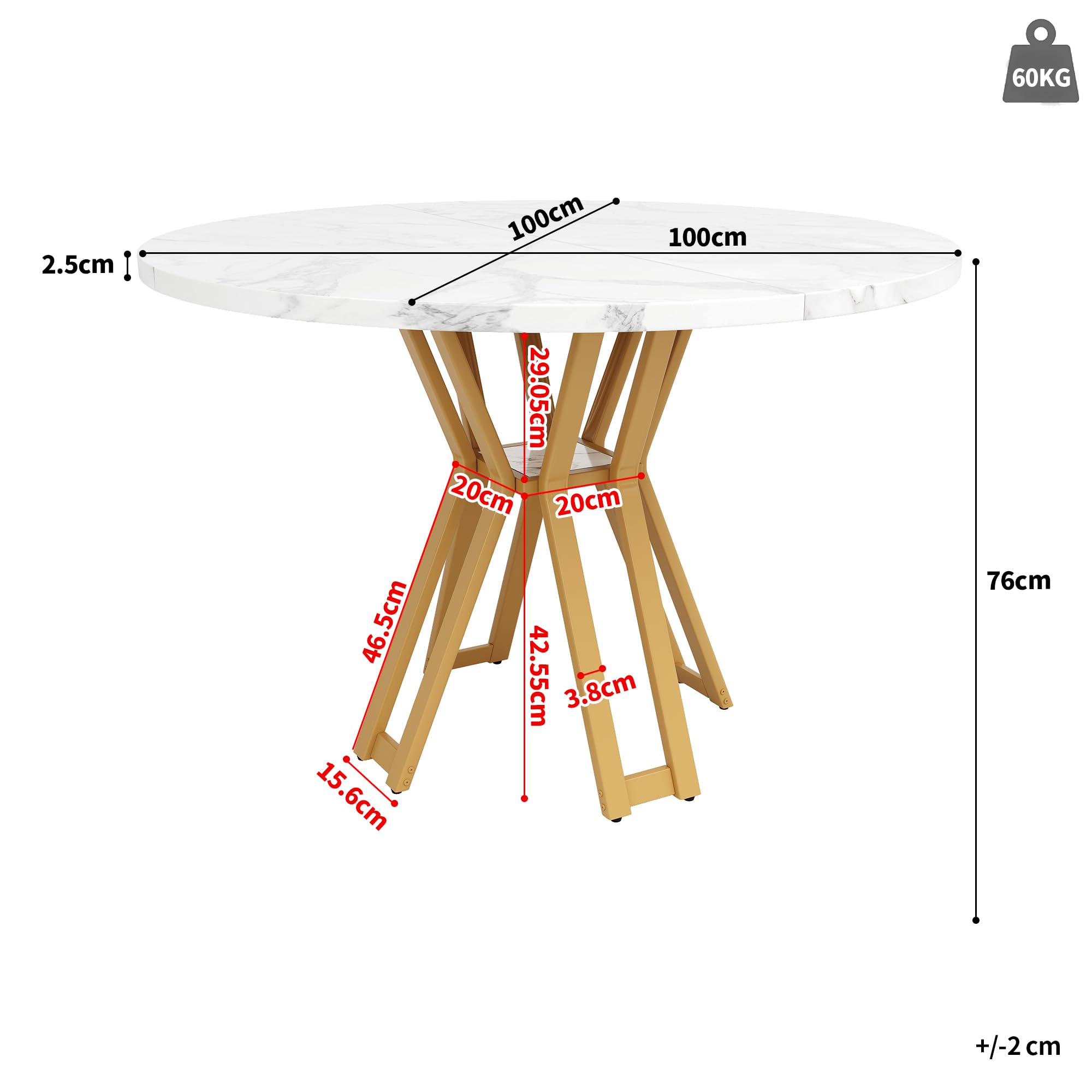 Table à manger ronde dorée - 100 cm - Marbré - Table de cuisine