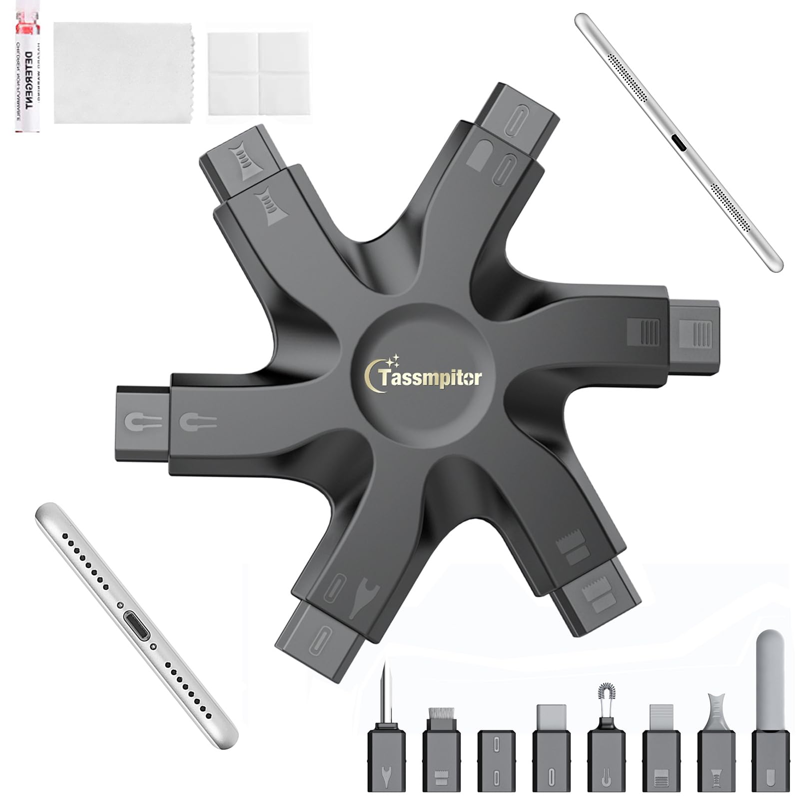 Handy Reinigungsset, iPhone Reinigungsset für Airpod iPhone, All-in-OnePhone Reinigungsset für Ladeanschluss Typ C, unzuverlässige Ladeverbindung mit Bürste reparieren